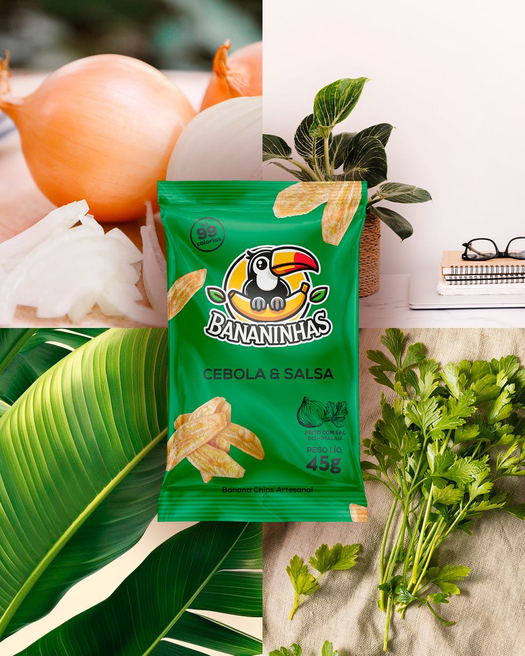 Linha de chips de banana premium da Bananinhas.