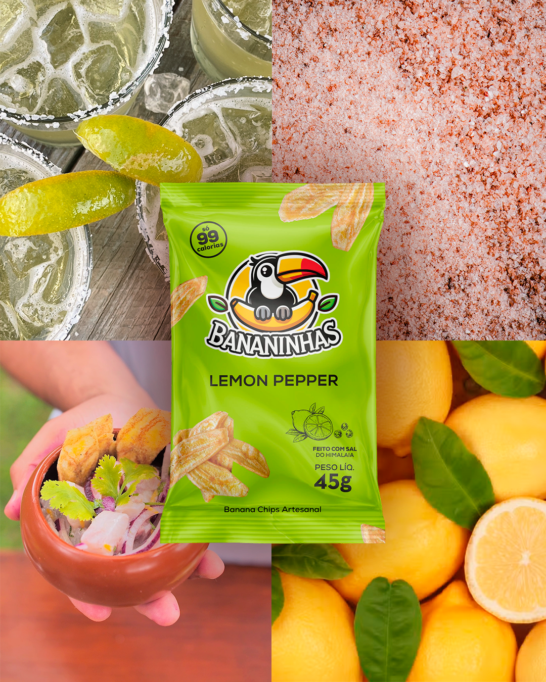 Linha de chips de banana premium da Bananinhas.