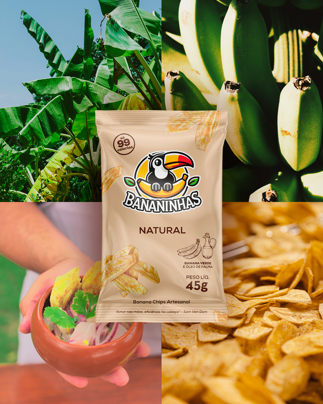 Linha de chips de banana premium da Bananinhas.